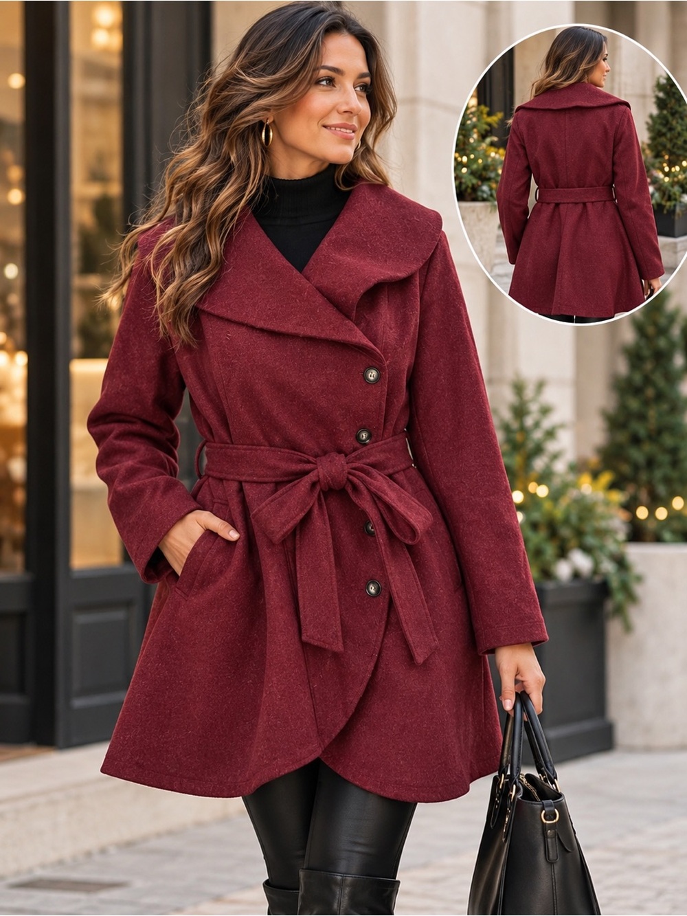 NWT BLOOMCHIC Burgundy Belted Wrap Coat 2X 18 20 Oversized Collar Plus Size